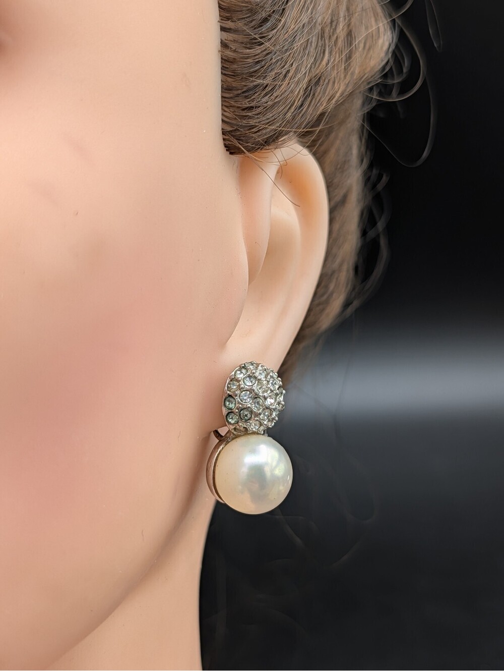 Vintage Marvella Rhinestone Pave Ball Faux Pearl Drop ClipOn Earring Silver Tone